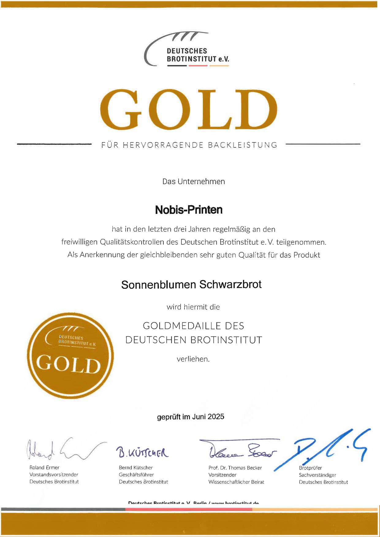Nobis Printen Auszeichnung Gold Sonnenblumenkern Schwarzbrot2025