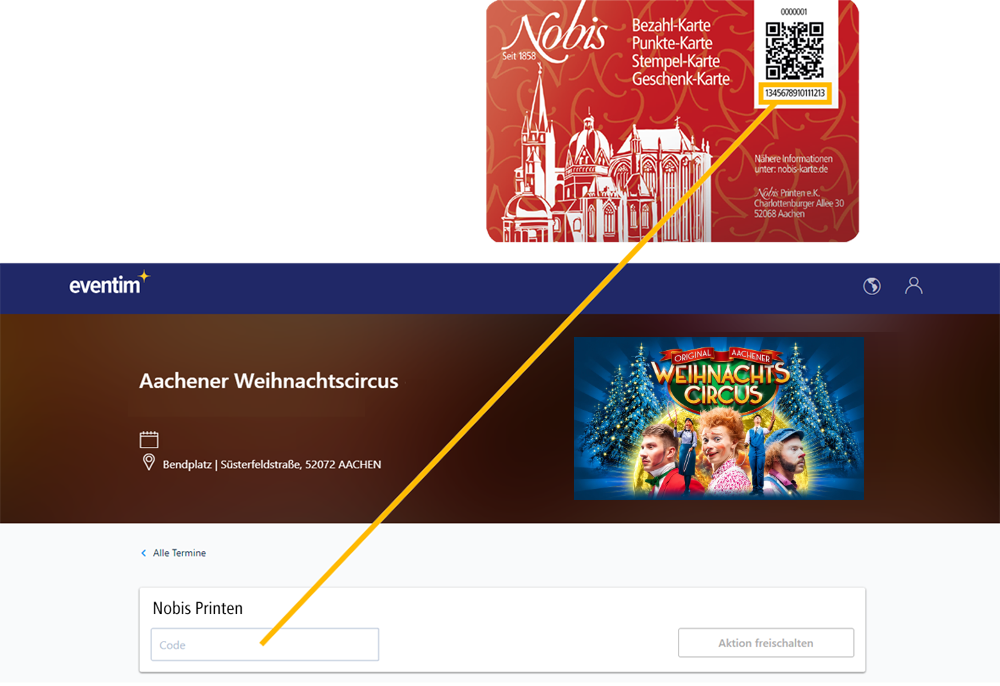 Nobis-Kundenkarte mit QR-Code und Hinweis auf Eventim-Rabattcode für den Aachener Weihnachtscircus.